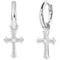 White Gold Plated CZ Cross Leverback Huggie Hoop Drop Earrings For Men Women Timeless Elegant Jew 3
