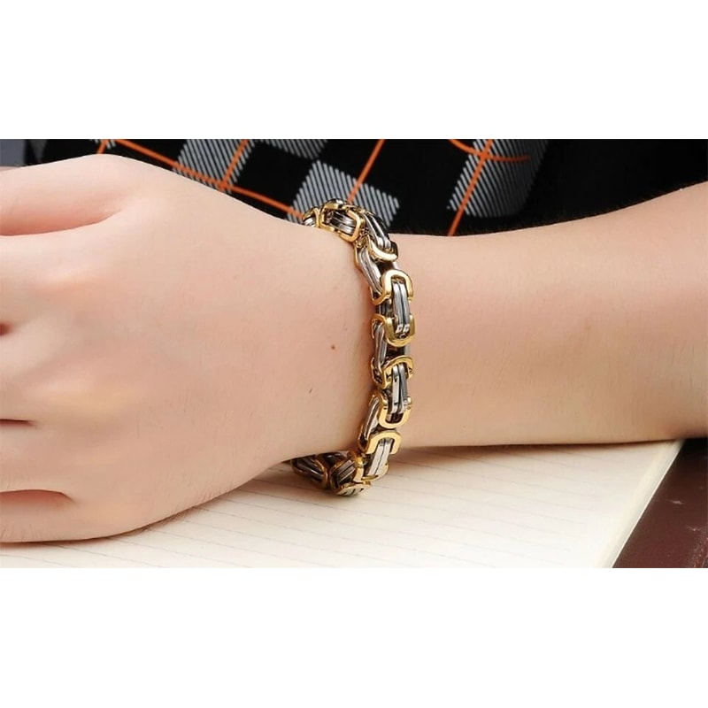 Gold And Silver Mens Stainless Steel Byzantine Bracelet Link Chain MechanicInspired Perfect Gift Fo 1