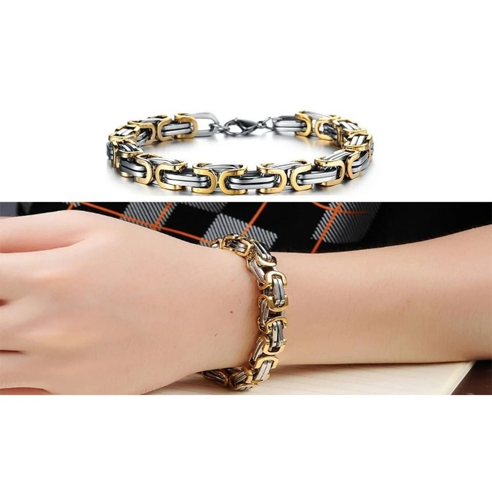 Gold And Silver Mens Stainless Steel Byzantine Bracelet Link Chain MechanicInspired Perfect Gift Fo 2