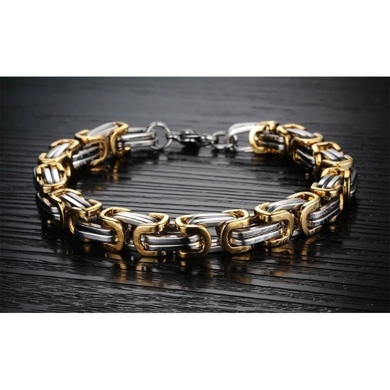 Gold And Silver Mens Stainless Steel Byzantine Bracelet Link Chain MechanicInspired Perfect Gift Fo 0