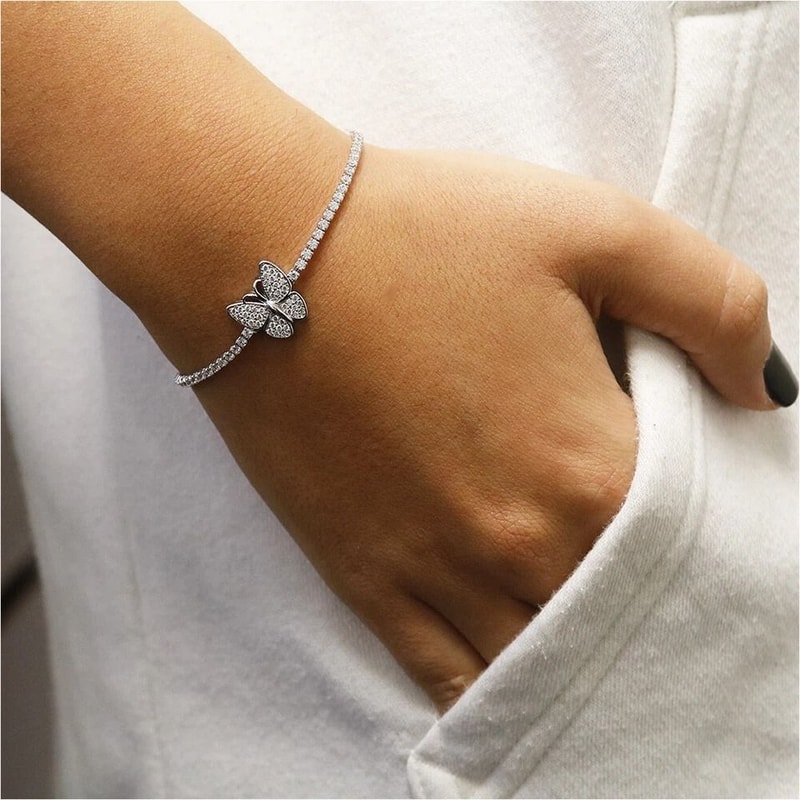 Swarovski Crystal Tennis Bracelet For Women Adjustable Butterfly Bolo White Gold Plated Brass 1