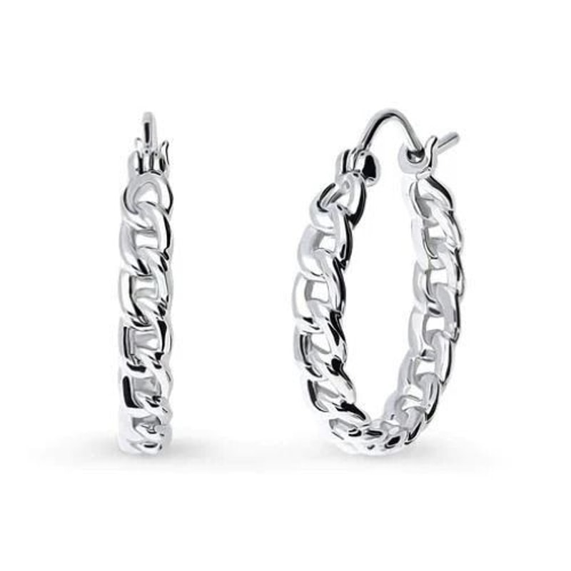 Sterling Silver Huggie Hoop Earrings For Women 20mm Curb Chain French Lock ClipOn Silver Hoop Earri 0