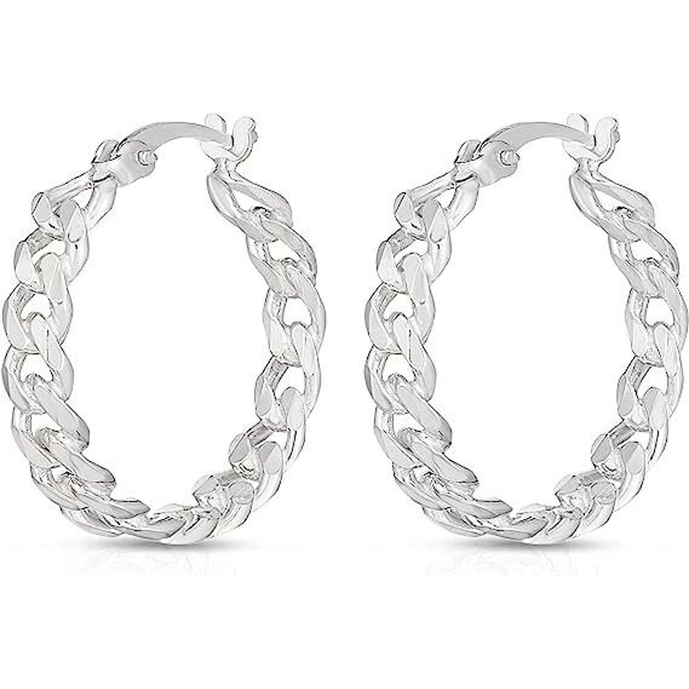 Sterling Silver Huggie Hoop Earrings For Women 20mm Curb Chain French Lock ClipOn Silver Hoop Earri 1