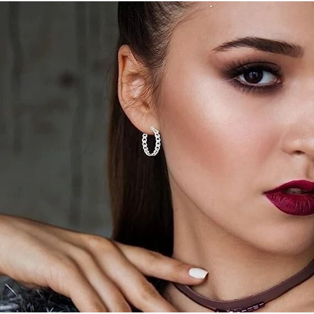 Sterling Silver Huggie Hoop Earrings For Women 20mm Curb Chain French Lock ClipOn Silver Hoop Earri 3