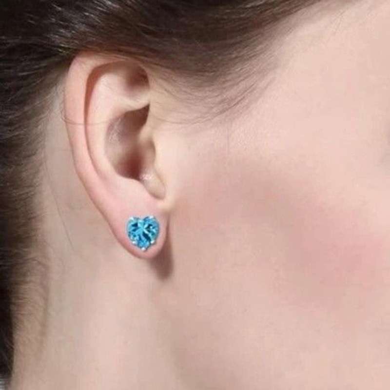 Sterling Silver HeartShaped Blue Topaz Stud Earrings Light Blue Cubic Zirconia Accents 3