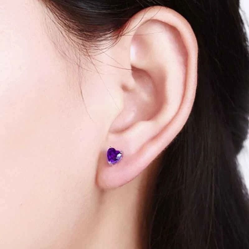 Sterling Silver Heart CZ Shaped Stud EarringsAmethyst Cubic Zirconia Elegant Purple Amethyst Earrin 1