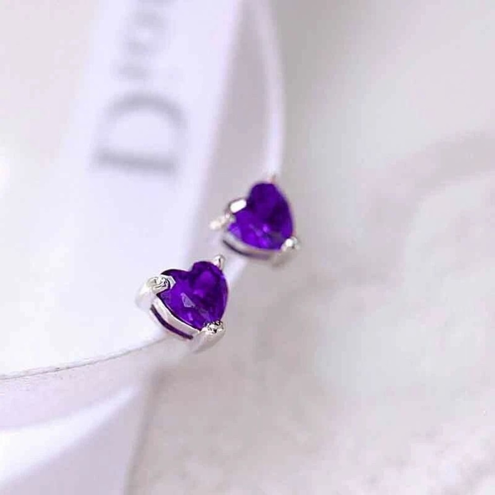 Sterling Silver Heart CZ Shaped Stud EarringsAmethyst Cubic Zirconia Elegant Purple Amethyst Earrin 2