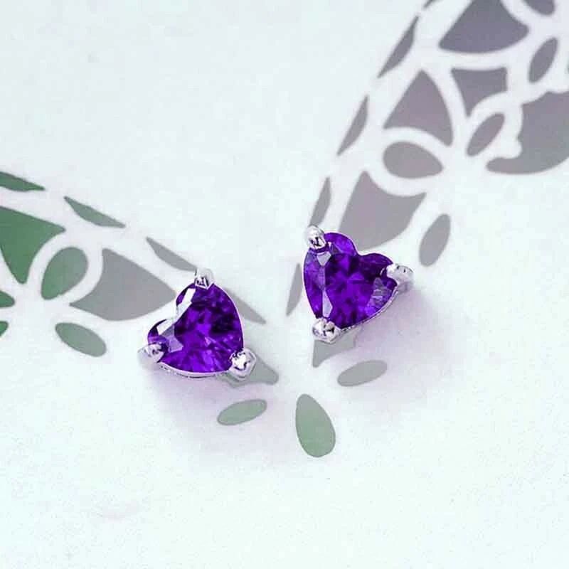 Sterling Silver Heart CZ Shaped Stud EarringsAmethyst Cubic Zirconia Elegant Purple Amethyst Earrin 3