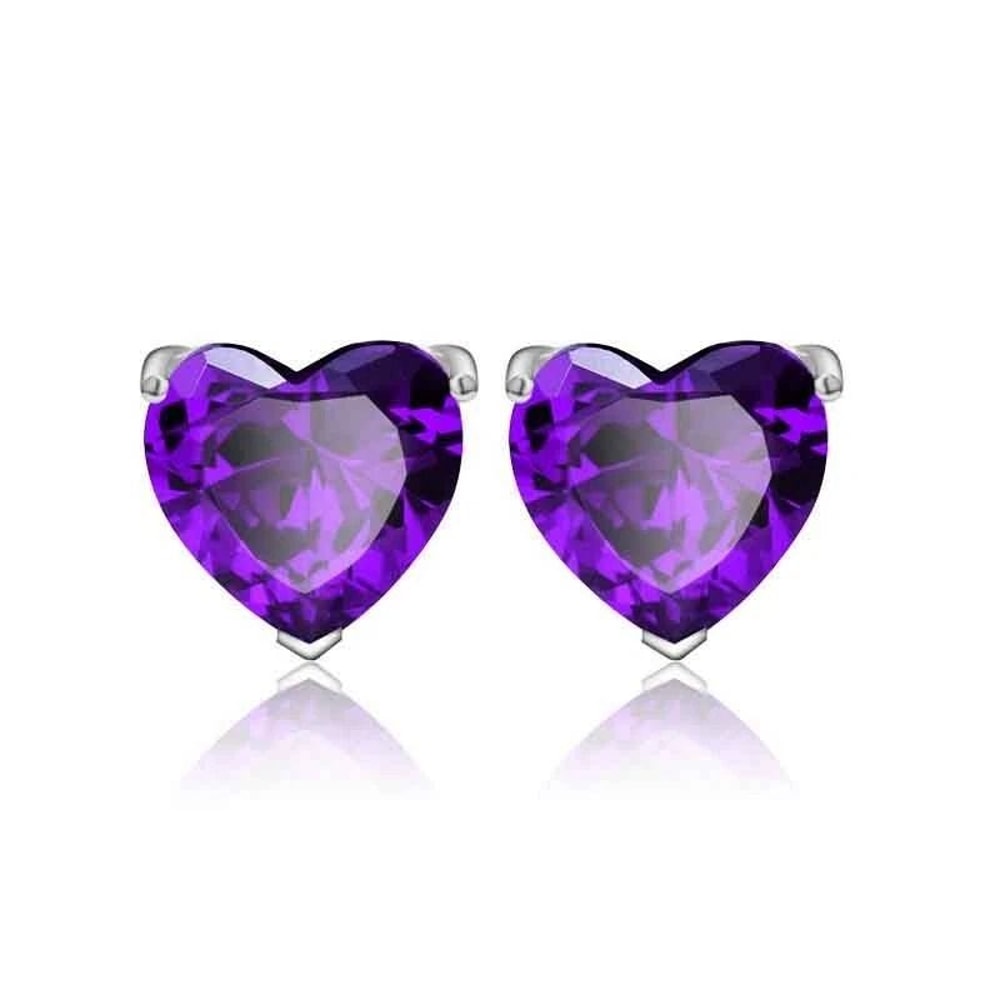Sterling Silver Heart CZ Shaped Stud EarringsAmethyst Cubic Zirconia Elegant Purple Amethyst Earrin 0