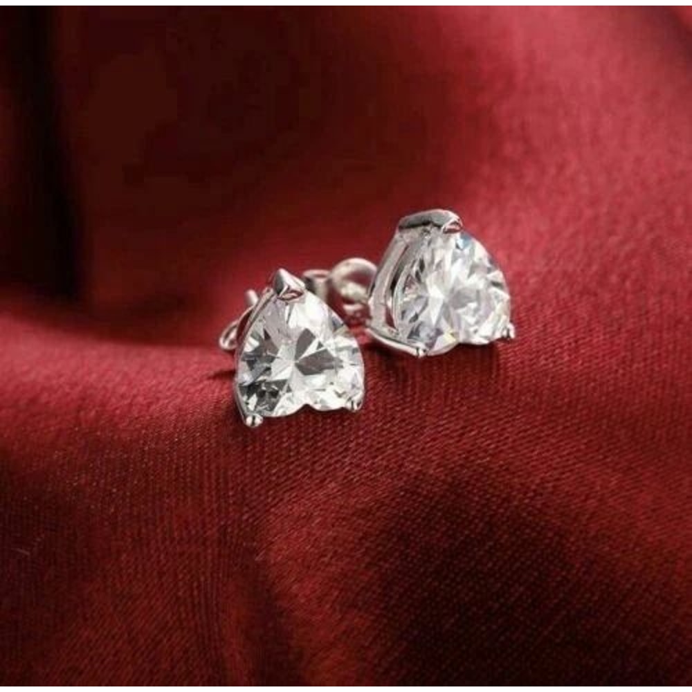 Sterling Silver HEART Shaped Stud Earrings 4mm Cubic Zirconia Silver Round CZ Set Of Stud Earrings 1