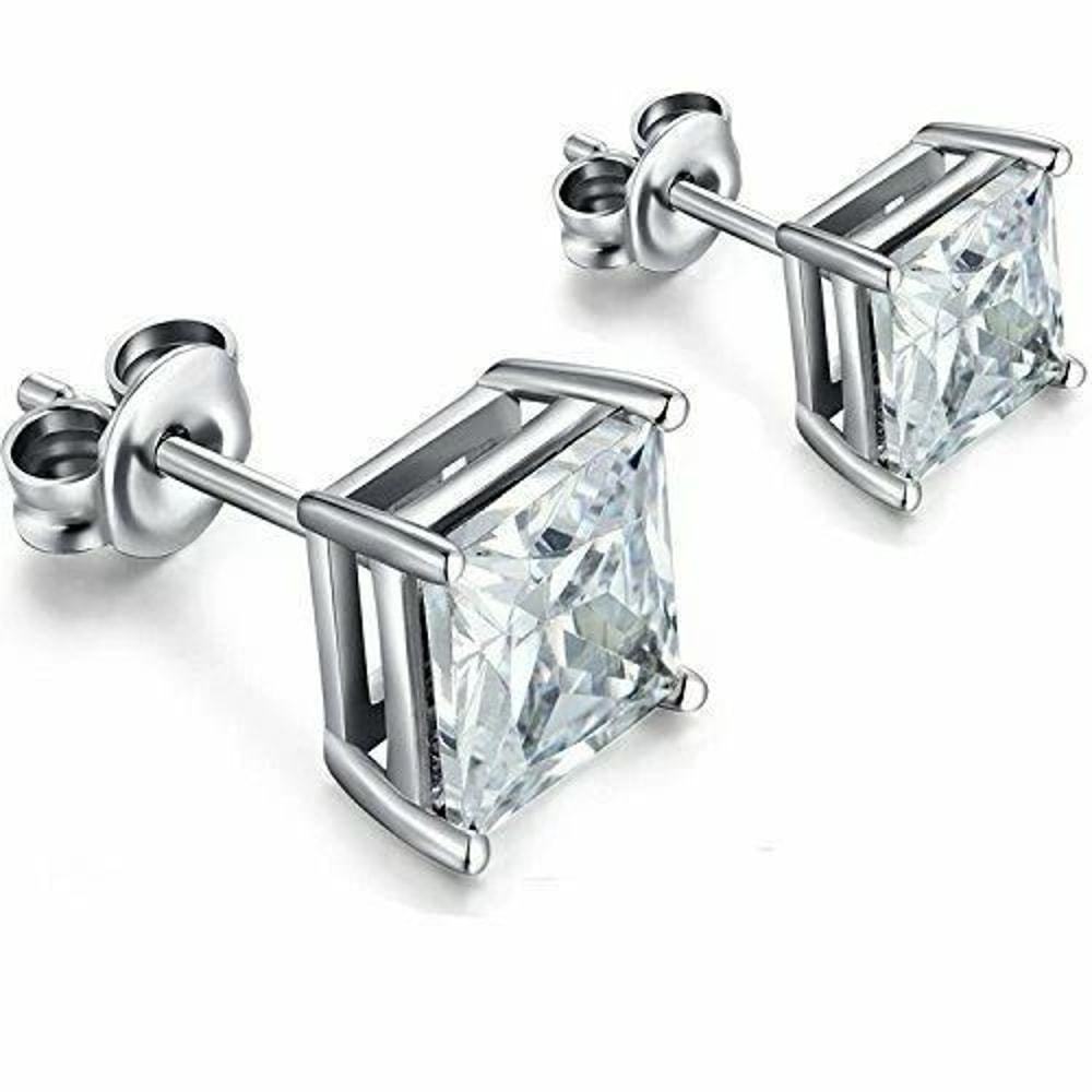 Sterling Silver Princess Cut Stud Earrings Cubic Zirconia Silver Round CZ Perfect Gift Set 0
