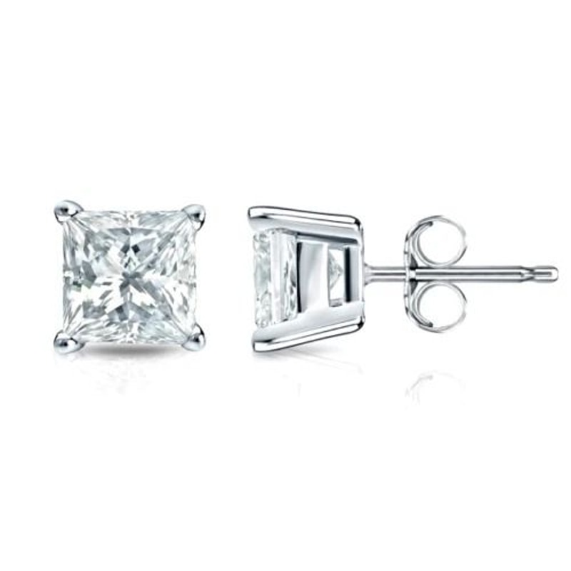 Sterling Silver Princess Cut Stud Earrings Cubic Zirconia Silver Round CZ Perfect Gift Set 2