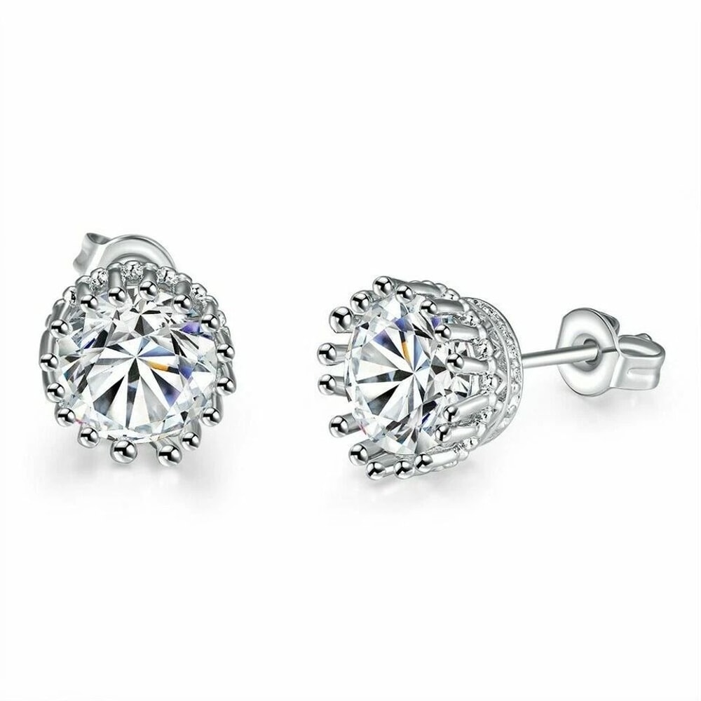 Crystal White Round Crown Stud Earrings White Gold Plated Hypoallergenic Elegant Design For Any Occ 0