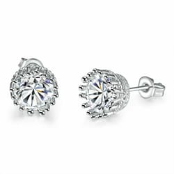 crystal white round crown stud earrings, white gold plated, hypoallergenic, elegant design for any occasion