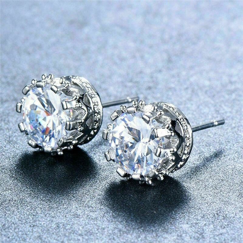Crystal White Round Crown Stud Earrings White Gold Plated Hypoallergenic Elegant Design For Any Occ 4