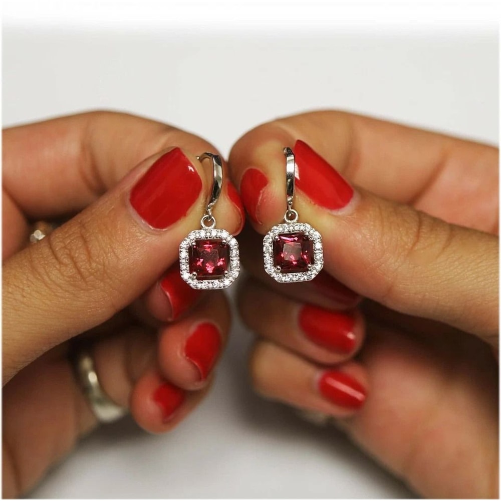 Sterling Silver Lab Created Ruby Drop Earrings Princess Cut Halo Leverback Dangle Jewelry Gift For 2