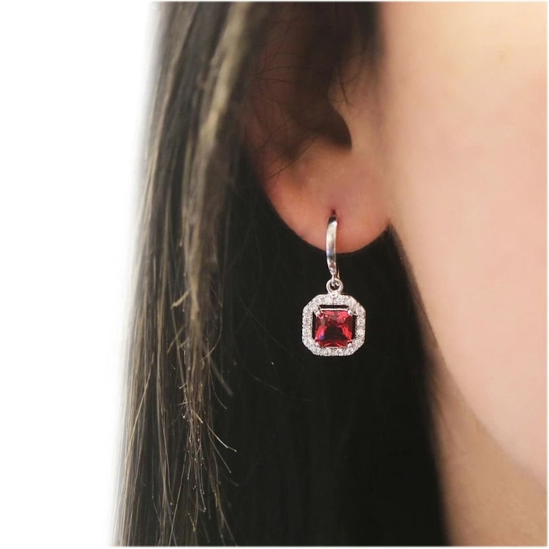 Sterling Silver Lab Created Ruby Drop Earrings Princess Cut Halo Leverback Dangle Jewelry Gift For 1