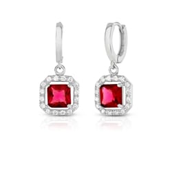 sterling silver lab created ruby drop earrings, princess cut halo, leverback dangle jewelry gift for her