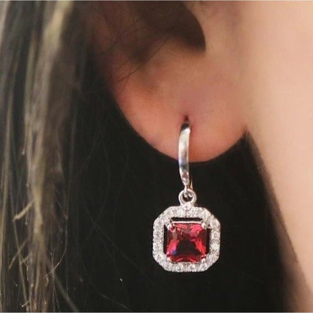 Sterling Silver Lab Created Ruby Drop Earrings Princess Cut Halo Leverback Dangle Jewelry Gift For 3