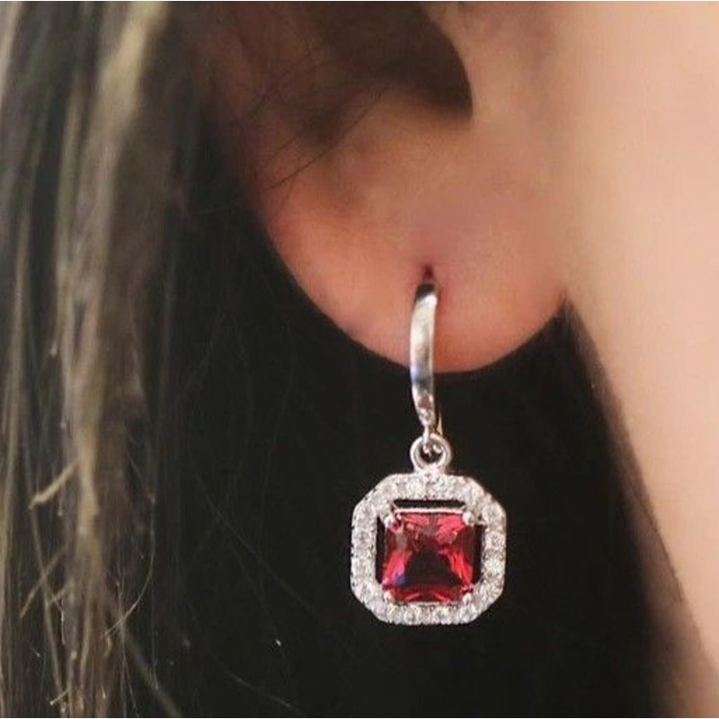 Sterling Silver Lab Created Ruby Drop Earrings Princess Cut Halo Leverback Dangle Jewelry Gift For 3