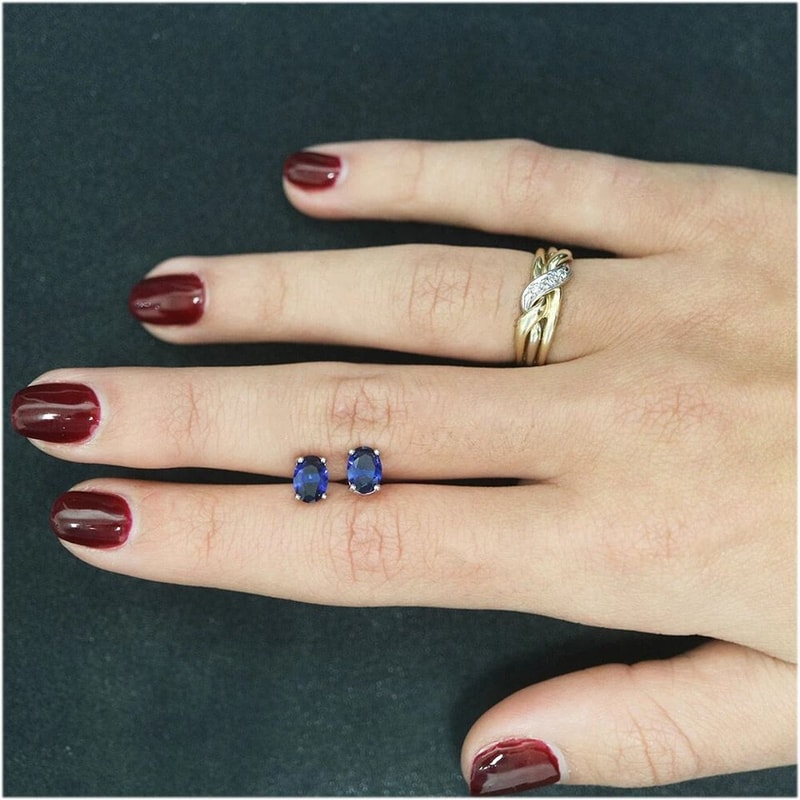 Stunning Oval Cut Sterling Silver Stud Earrings CTTW Lab Created Sapphire Stones September Birthsto 1