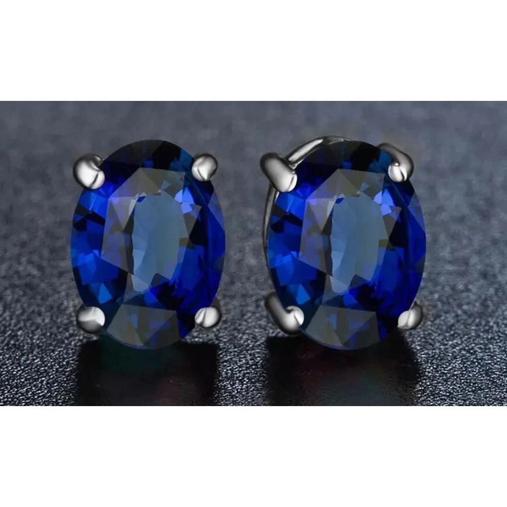 Stunning Oval Cut Sterling Silver Stud Earrings CTTW Lab Created Sapphire Stones September Birthsto 0