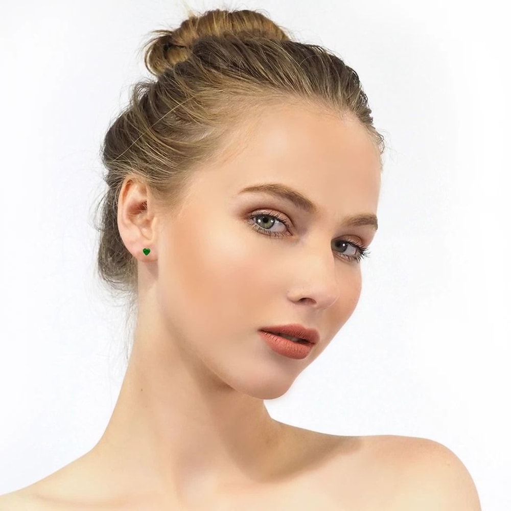 Emerald Heart Cut CZ Stud Earrings Solid Sterling Silver Total Carat Weight Butterfly Post Back Eye 1