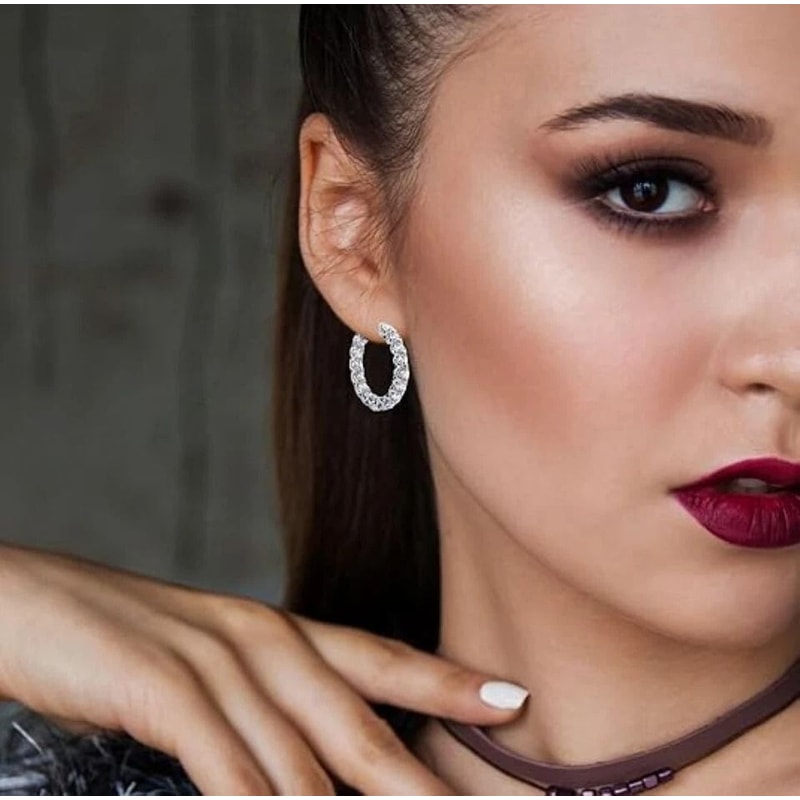 Inside Out White Gold Plated Round Hoop Earrings With Cubic Zirconia Hypoallergenic Elegant Design 6