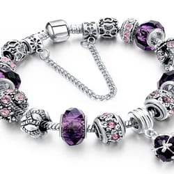purple crystal cz charm bracelet, elements, gold plated, white gold, elegant heart design for women