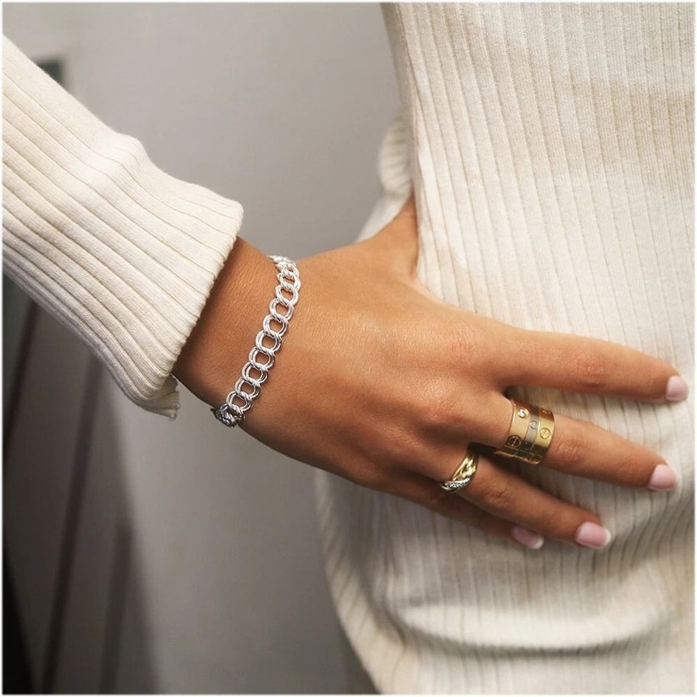 Sterling Silver Double Link Charm Bracelet For Men And Women Lobster Clasp 1