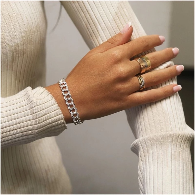 Sterling Silver Double Link Charm Bracelet For Men And Women Lobster Clasp 2