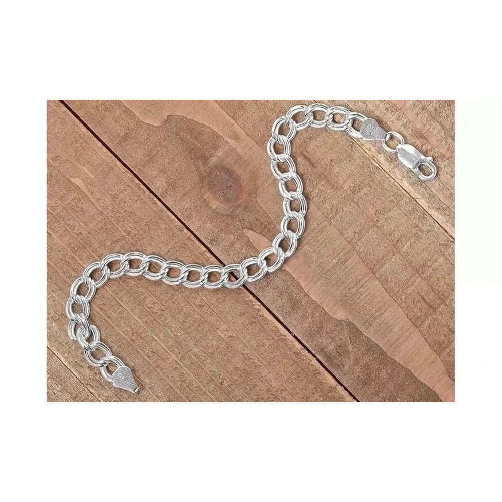 Sterling Silver Double Link Charm Bracelet For Men And Women Lobster Clasp 3