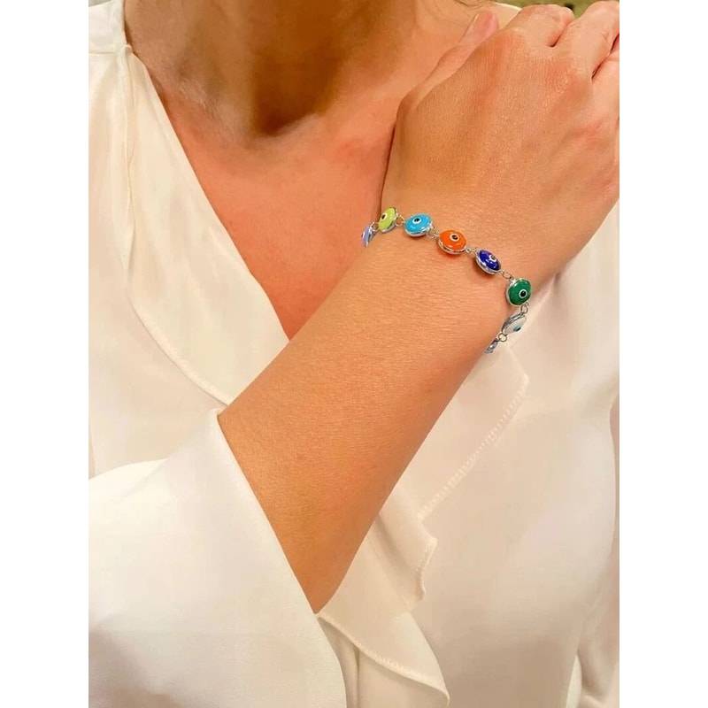 Solid Sterling Silver MultiColor Crystal Evil Eye Bracelet Link Chain Unique Crystal Jewelry For Pr 1