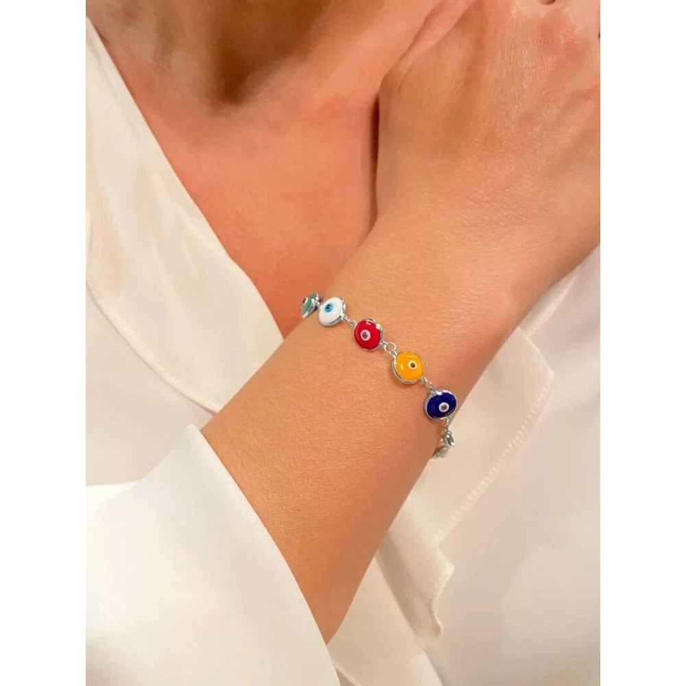 Solid Sterling Silver MultiColor Crystal Evil Eye Bracelet Link Chain Unique Crystal Jewelry For Pr 2