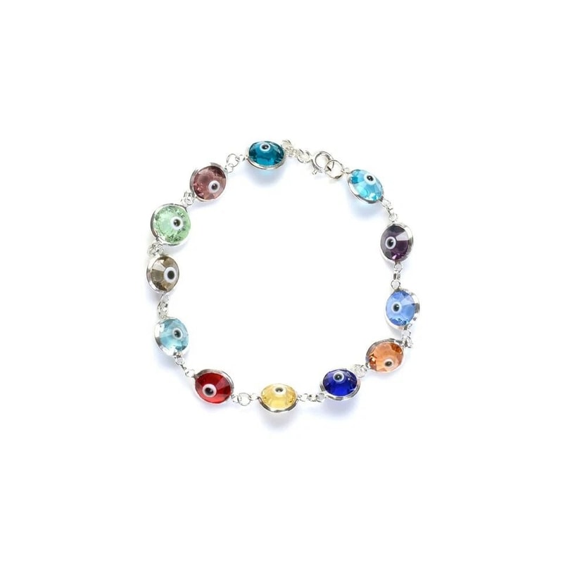 Solid Sterling Silver MultiColor Crystal Evil Eye Bracelet Link Chain Unique Crystal Jewelry For Pr 3