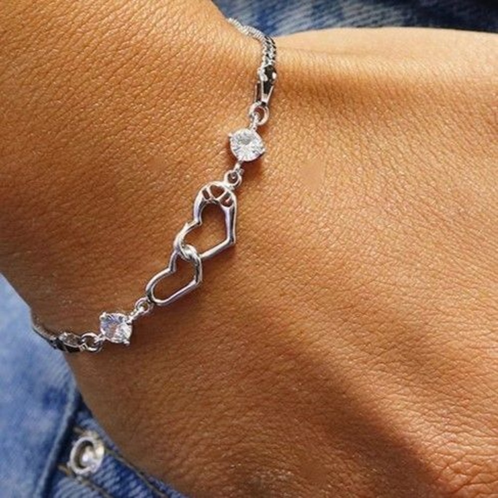 White Gold Plated Crystal Heart Tennis Bracelet Plated Brass Interlock Design 1
