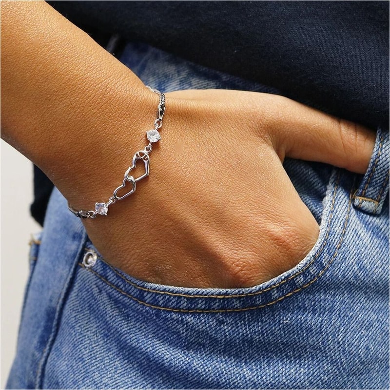 White Gold Plated Crystal Heart Tennis Bracelet Plated Brass Interlock Design 3