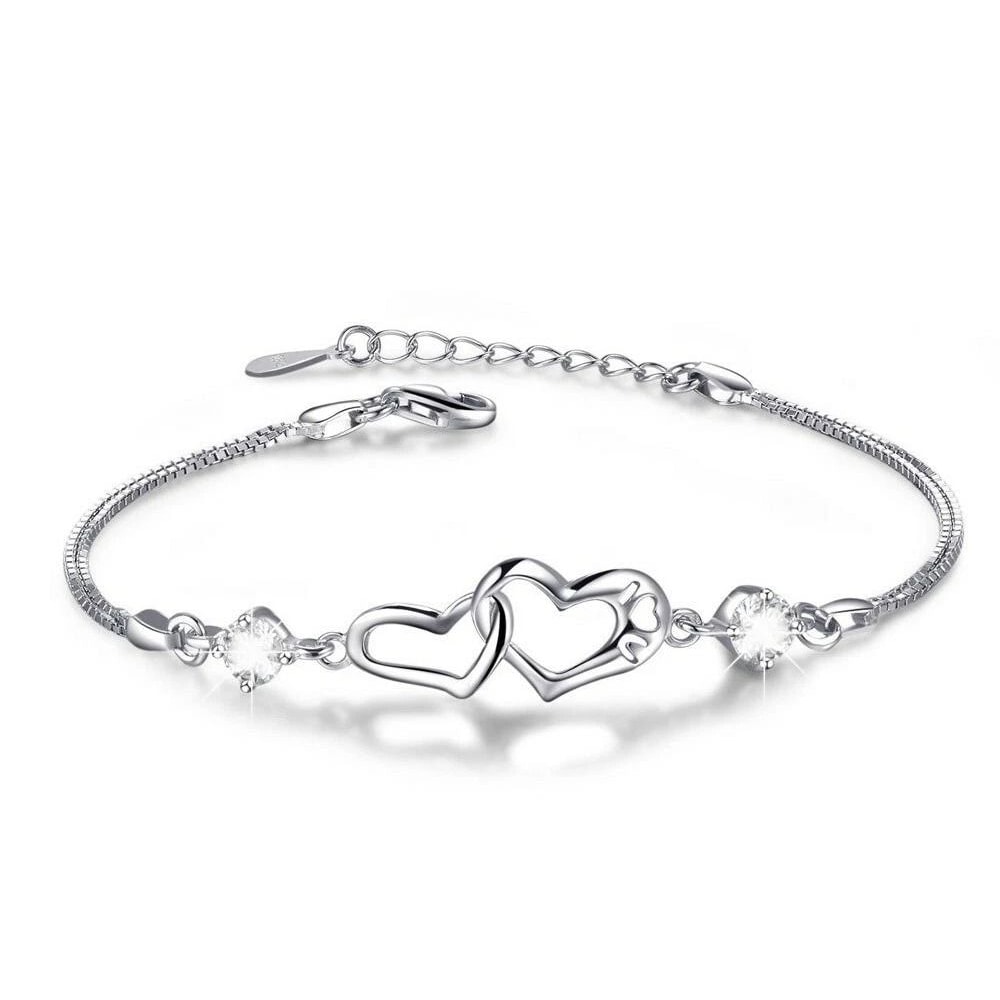 White Gold Plated Crystal Heart Tennis Bracelet Plated Brass Interlock Design 0