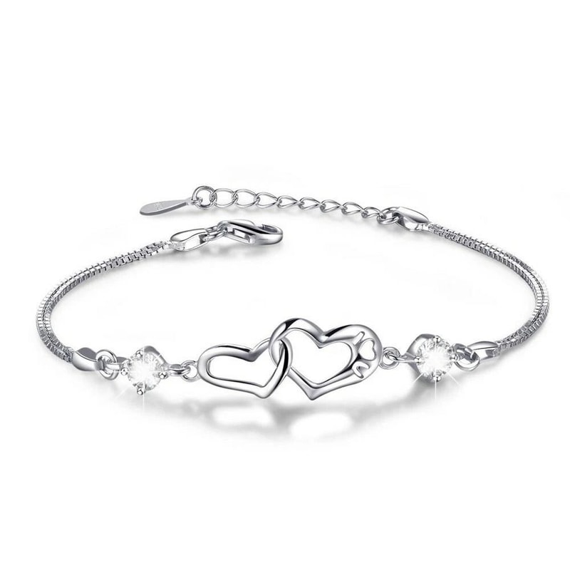 White Gold Plated Crystal Heart Tennis Bracelet Plated Brass Interlock Design 0