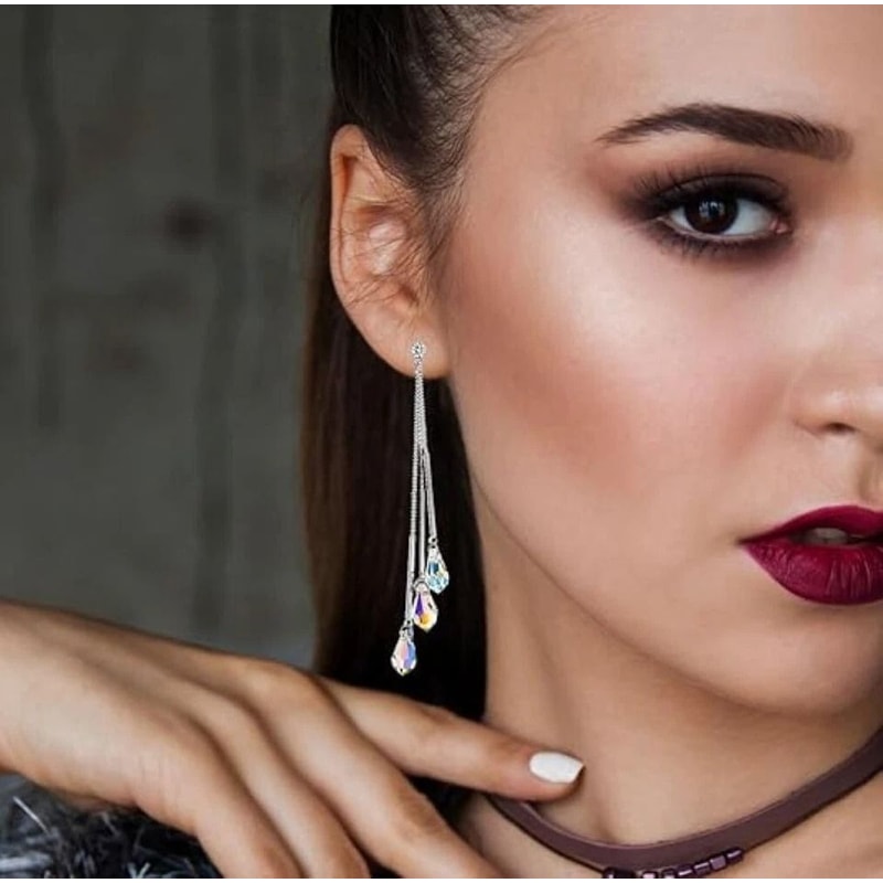 Elegant White Gold Plated Aurora Borealis Teardrop Cut Crystal Drop Earrings Lightweight And Hypoal 2