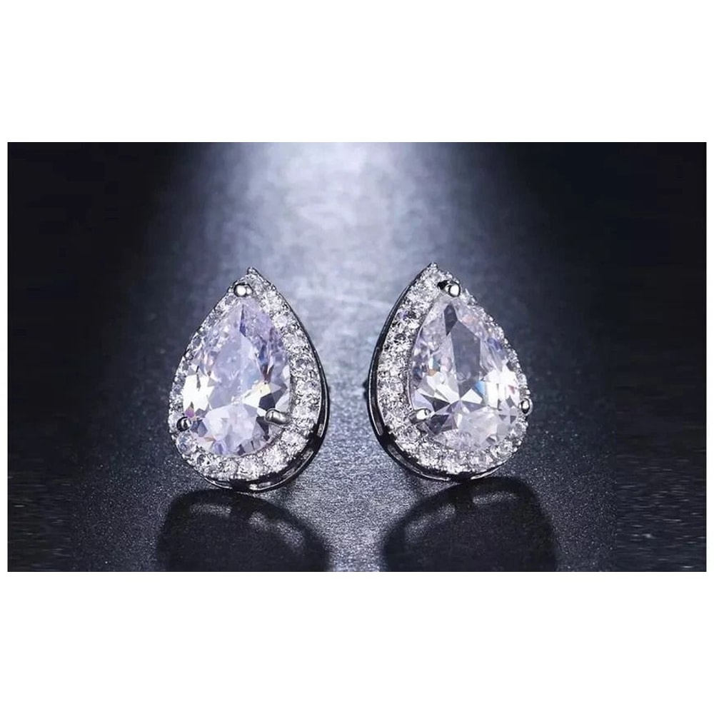 Elegant White Gold Plated Teardrop Cut Halo Stud Earrings Swarovski Crystals Brass Design 1