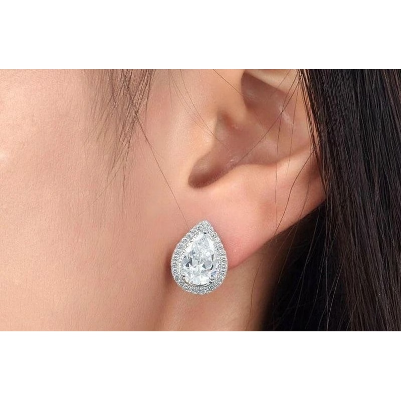 Elegant White Gold Plated Teardrop Cut Halo Stud Earrings Swarovski Crystals Brass Design 2