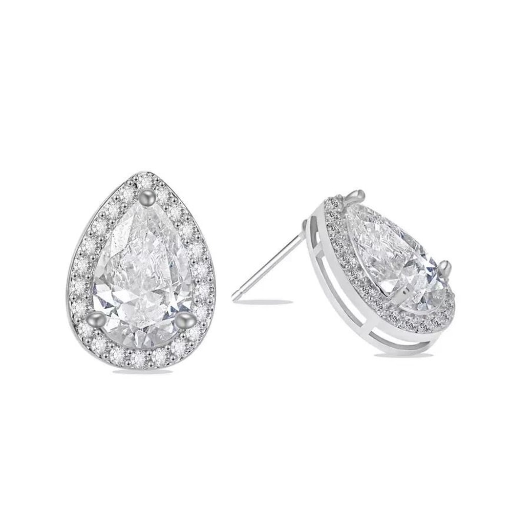 Elegant White Gold Plated Teardrop Cut Halo Stud Earrings Swarovski Crystals Brass Design 4