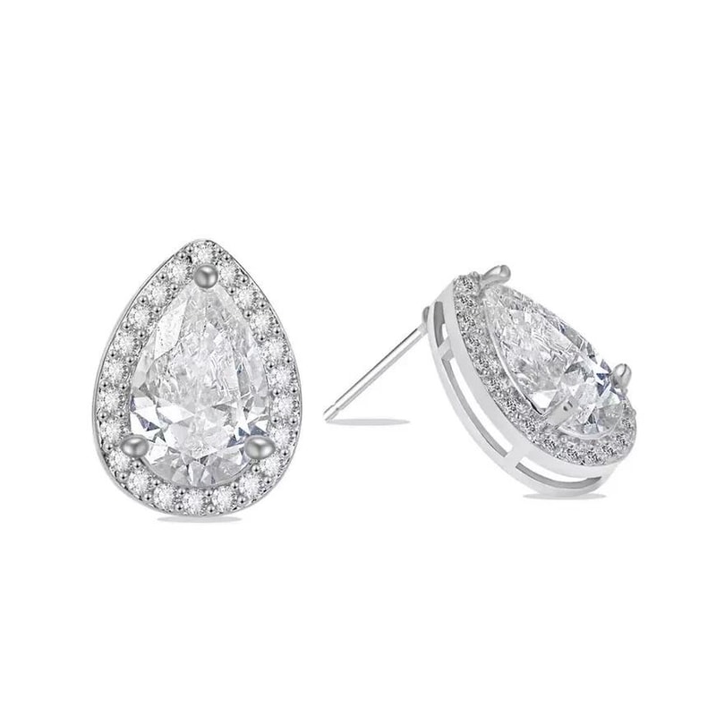 Elegant White Gold Plated Teardrop Cut Halo Stud Earrings Swarovski Crystals Brass Design 4