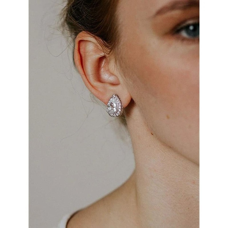 Elegant White Gold Plated Teardrop Cut Halo Stud Earrings Swarovski Crystals Brass Design 6