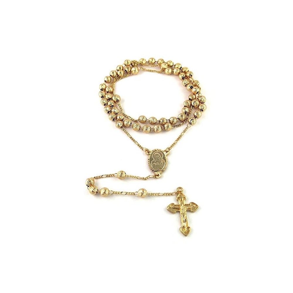 Plated Diamond Cut Cross Charm Necklace Rosary Jesus Pendant Yellow Gold Plated Figaro Chain 1