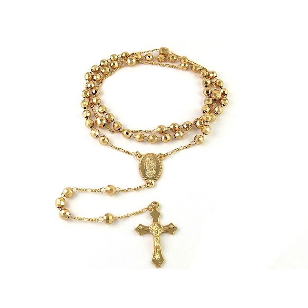 Plated Diamond Cut Cross Charm Necklace Rosary Jesus Pendant Yellow Gold Plated Figaro Chain 3