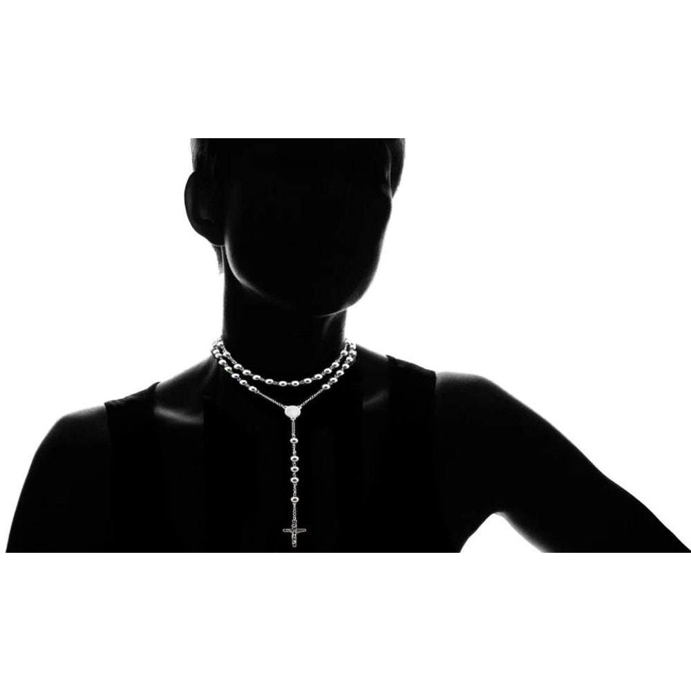 White Gold Plated Diamond Cut Rosary Necklace Jesus Cross Charm Pendant 1