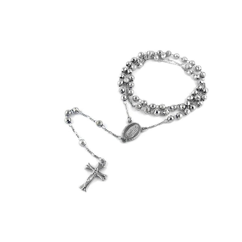 White Gold Plated Diamond Cut Rosary Necklace Jesus Cross Charm Pendant 2