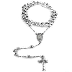 white gold plated diamond cut rosary necklace, jesus cross charm pendant